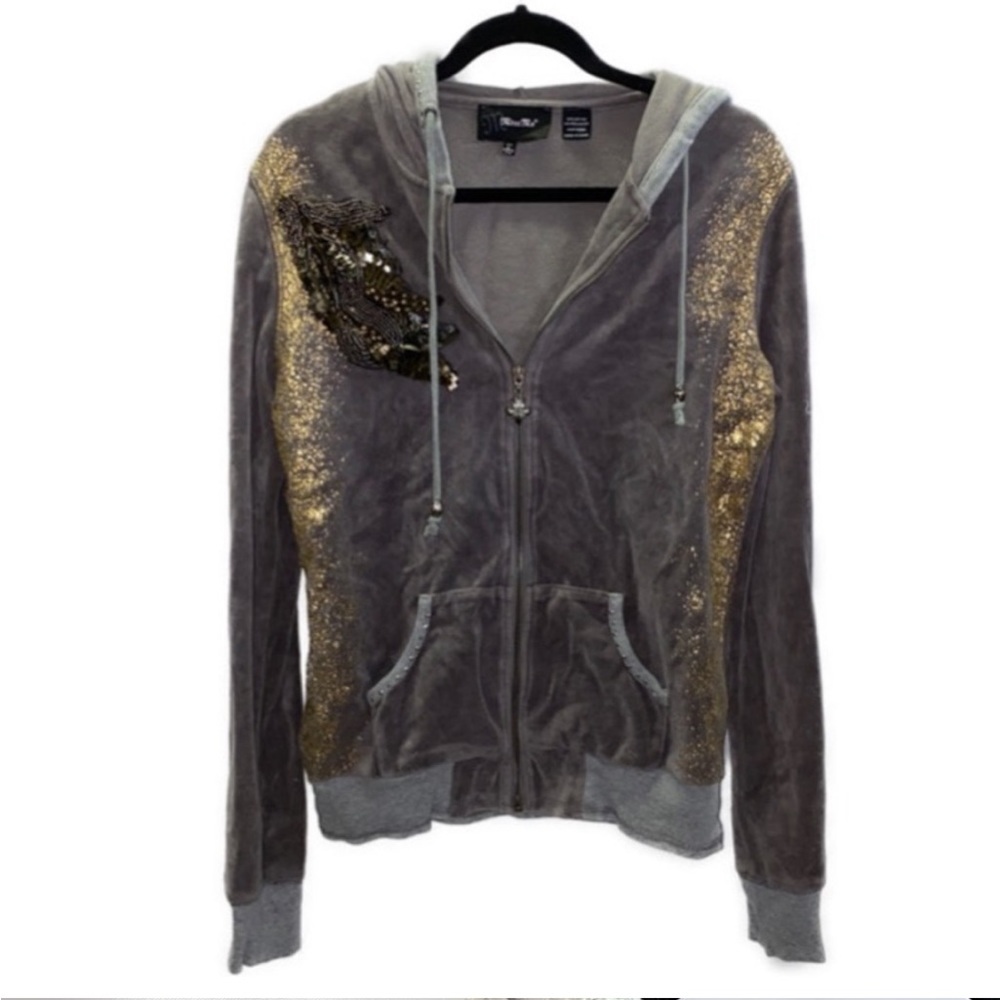 Miss Me Womens Large L Zip Up Sweatshirt Hooded Long Sleeve Bling Logo Beaded